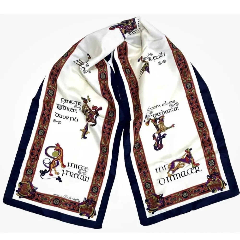 THE ‎ BOOK Of KELLS IRISH INSPIRED LONG SCARF, BLUE TRIM,  12 X 52